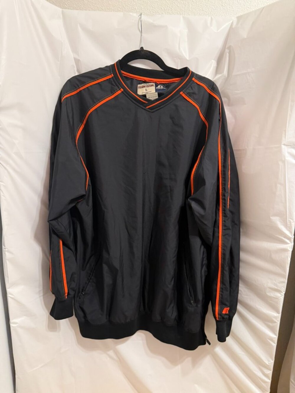 Russell Athletic Team Issue V-Neck Pullover Windbreaker Jacket Black Orange L